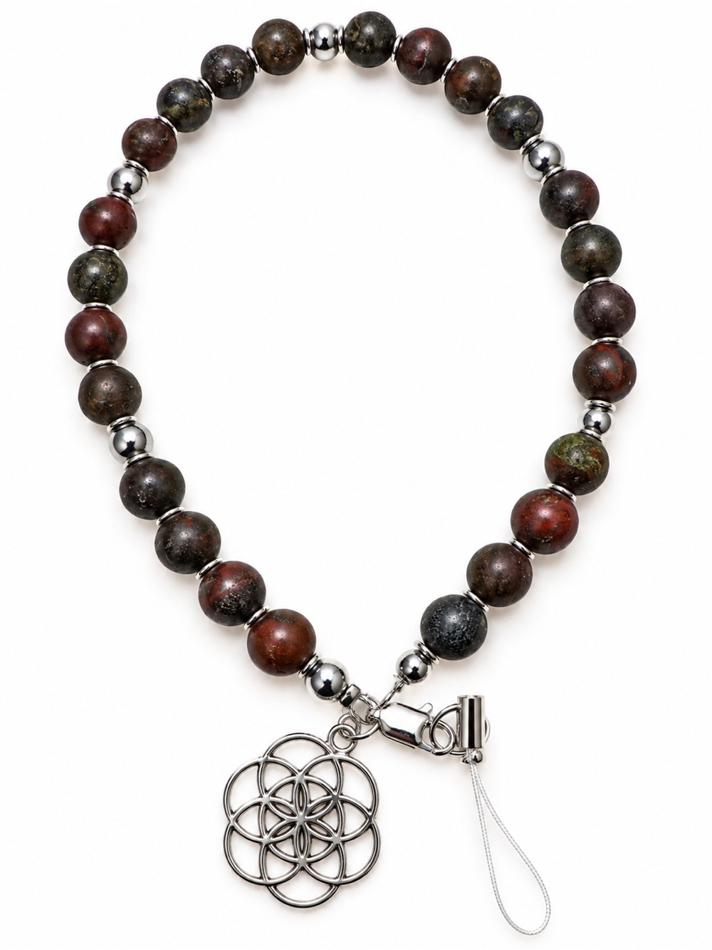 Dragon Blood and hematite cell phone lanyard with flower of life charm.